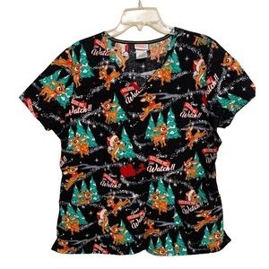 RUDOLF Reindeer Christmas Themed Scrub Top XL
